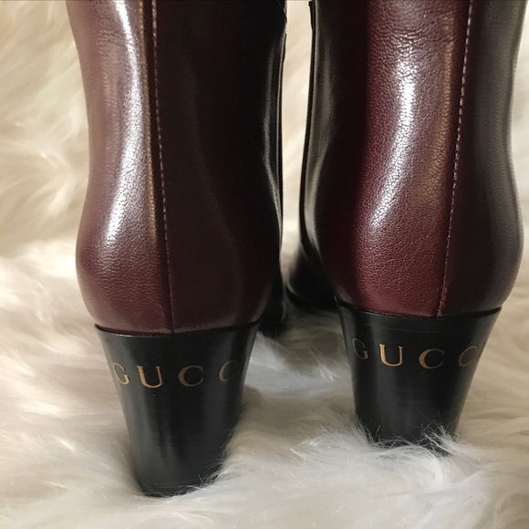 GUCCI Finn Mixed Media Ankle Boot Vintage  Bordeaux Brown Leather Size 38/8 NEW - Picture 2 of 11